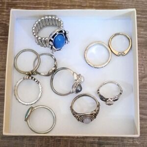 Vintage Mixed Lot of 12 Silver Tone Rings Blue Glass Stones Assorted Designs